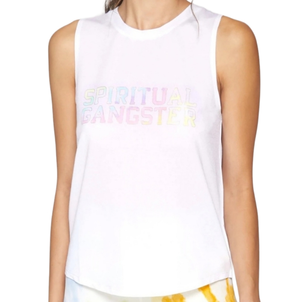 SPIRITUAL GANGSTER Varsity Active Muscle Tank Size XS White Pastel Rainbow